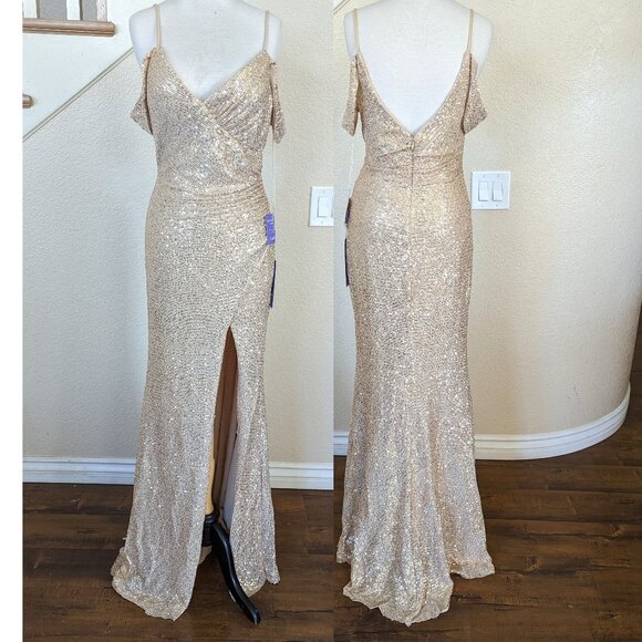 Champagne Sequin Side Slit Formal Prom Wedding Evening Dress 2 - Picture 2 of 4